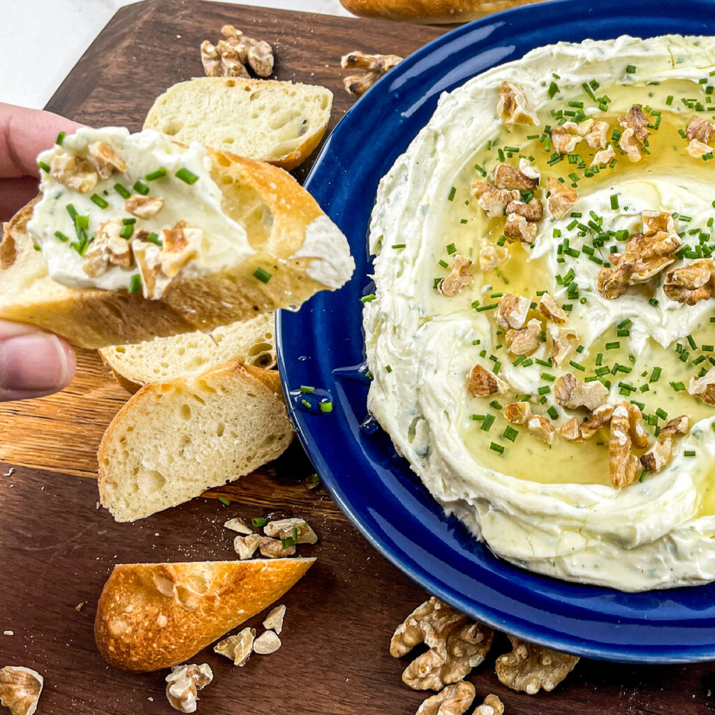 Bread dipped in whipped feta and drizzled with honey