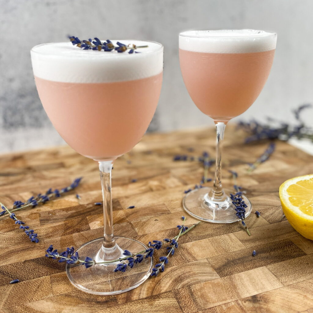 rhubarb and lavender cocktail with lavender infused gin