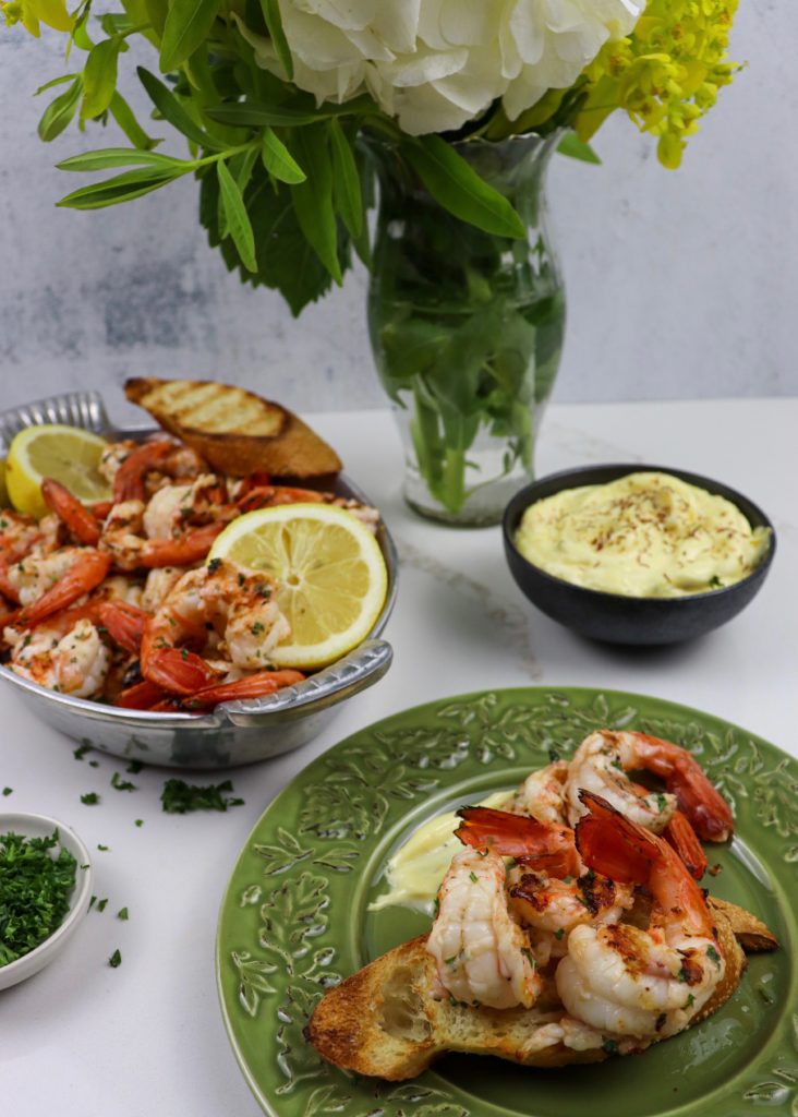 Plate of spot prawns with saffron aioli and grilled baguette