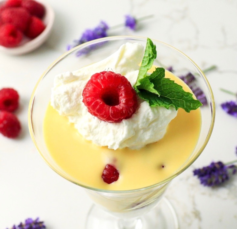 Raspberries with lavender cream