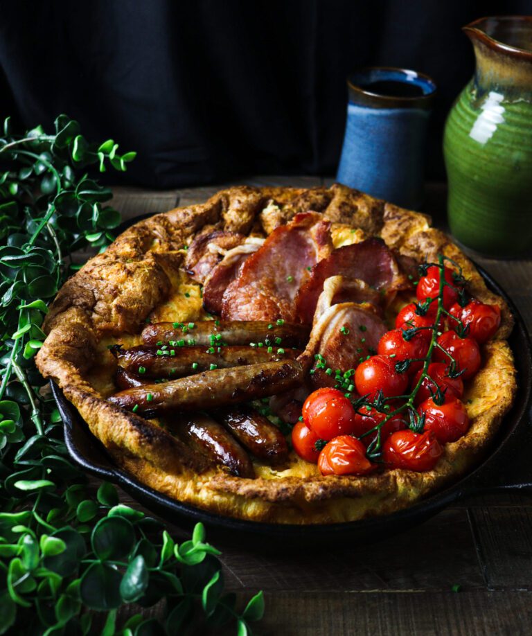 First Breakfast: Savoury Dutch Baby with Tomatoes, Sausages, and Bacon
