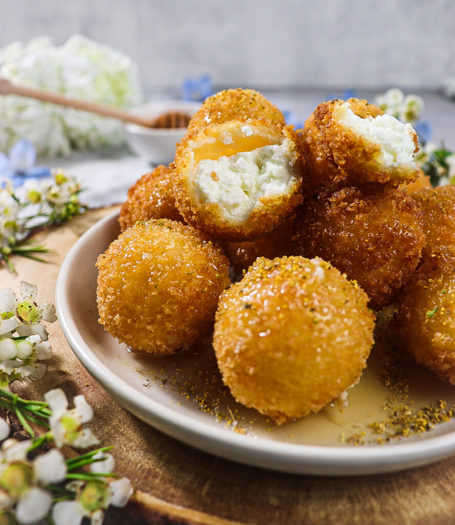 fried goat cheese balls,
dried fennel pollen