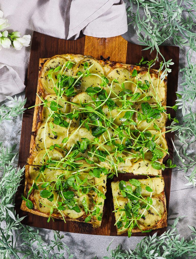 Potato Leek and Pea Shoot Tart