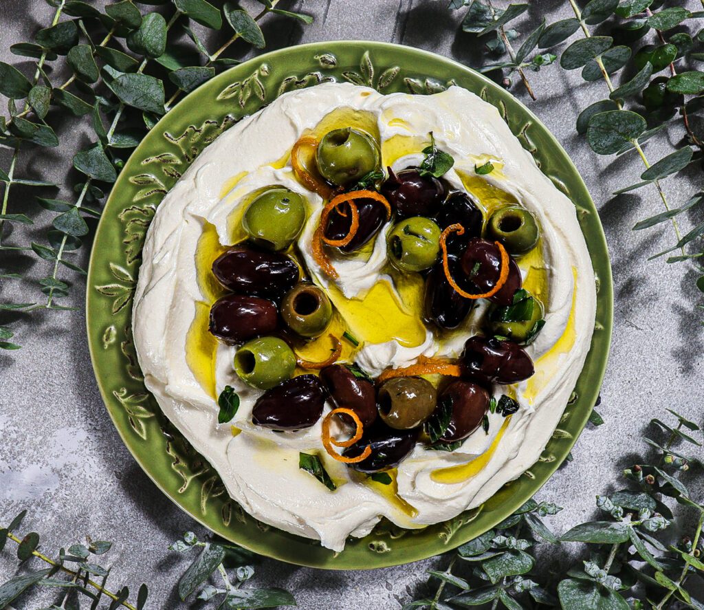 whipped feta and herb marinated olives, ancient greek recipes, greek mythology food