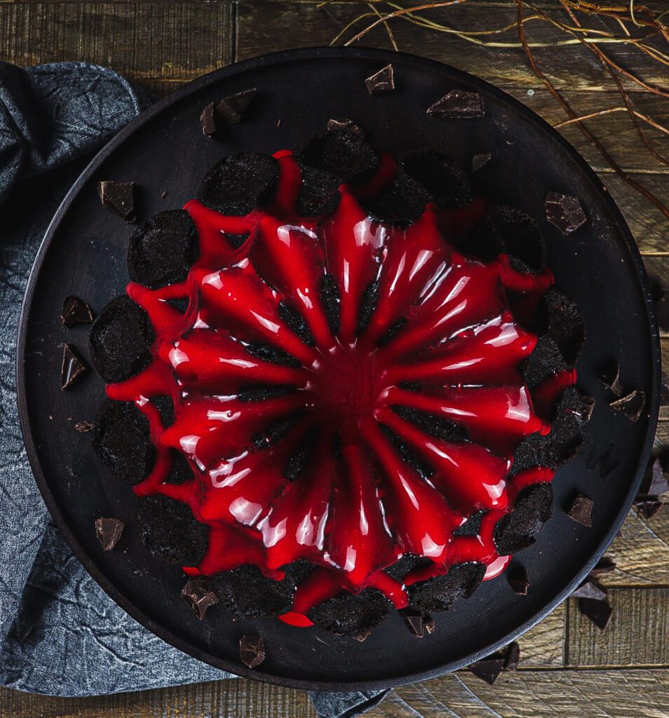 black chocolate cake, white chocolate ganache for cake, mount doom