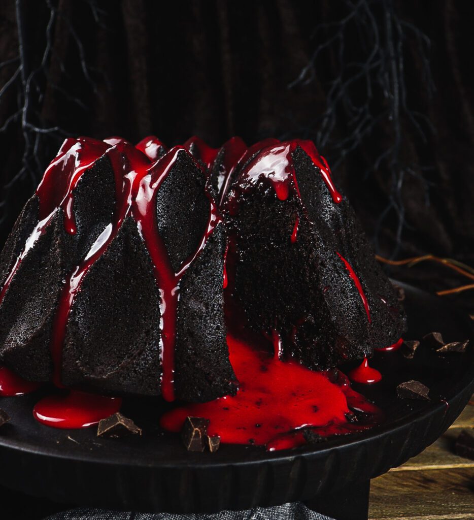 black cocoa cake, white chocolate ganache for cake, mount doom
