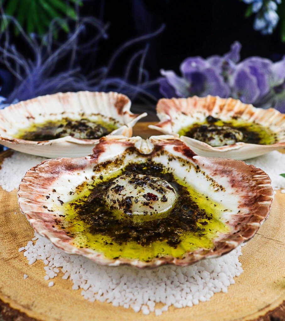 scallops with seaweed butter, peter pan themed food