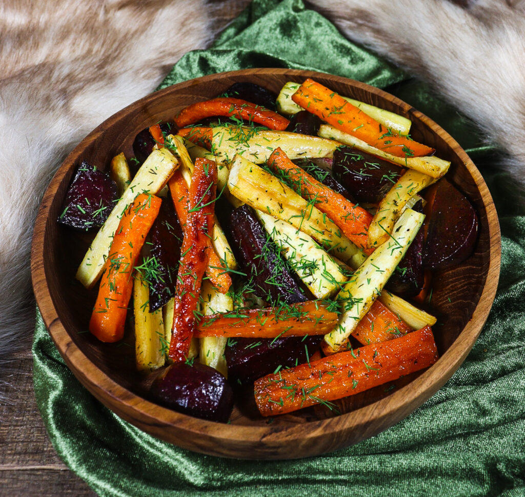 honey roasted root vegetables, rohan food, roasted root vegetables