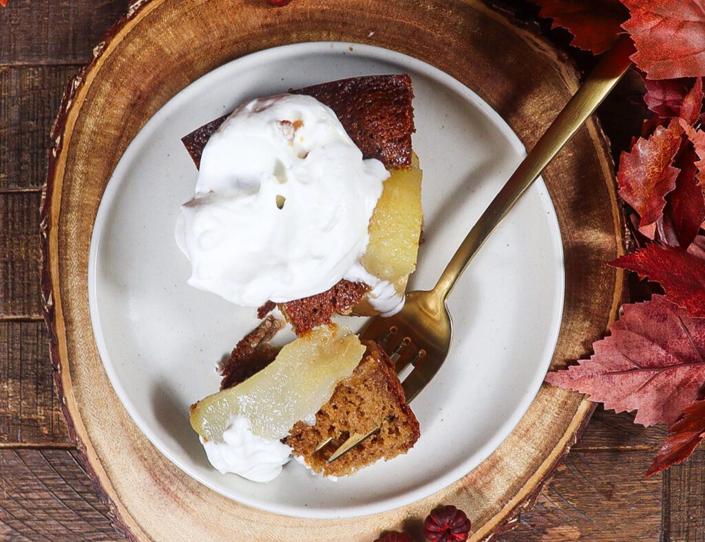 ginger and pear cake, ginger poached pears
