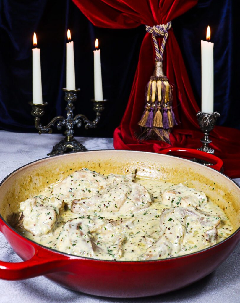 rabbit in mustard sauce recipe, braised rabbit, clue themed party food