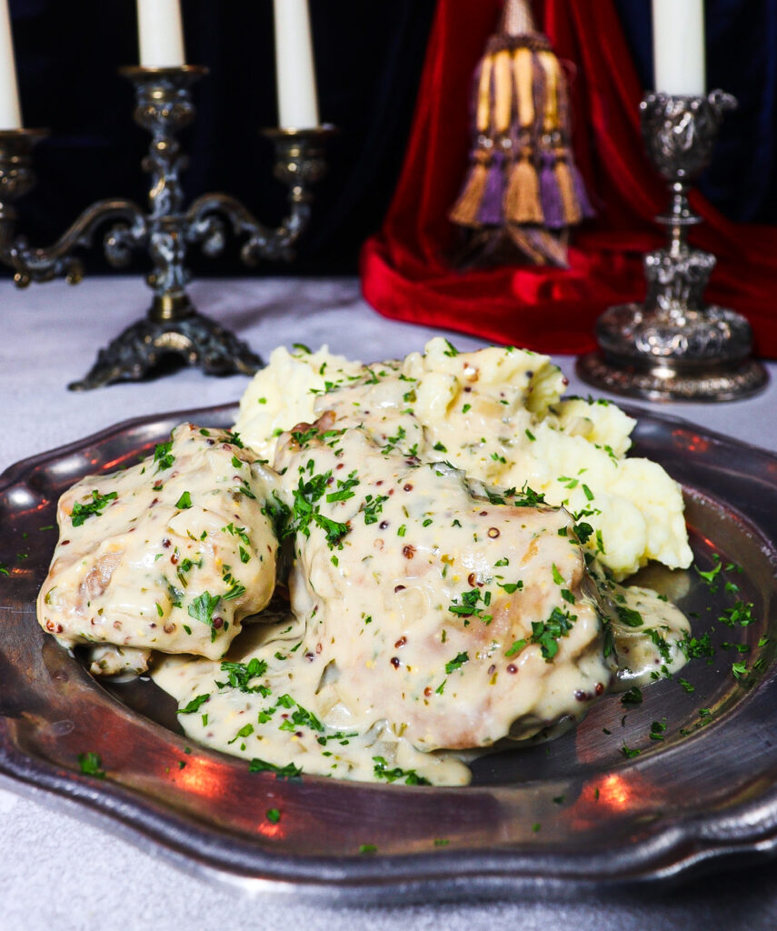 rabbit with mustard sauce, clue themed party food