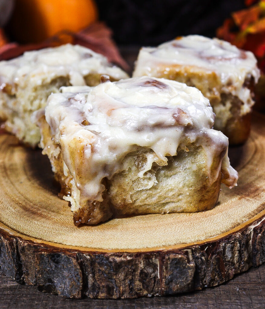 apple cider cinnamon rolls, brown butter cream cheese icing