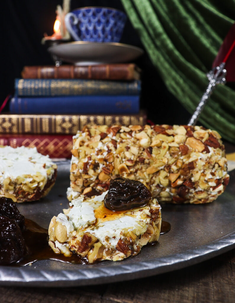 blue cheese nut log, port poached prunes, murder mystery dinner recipes