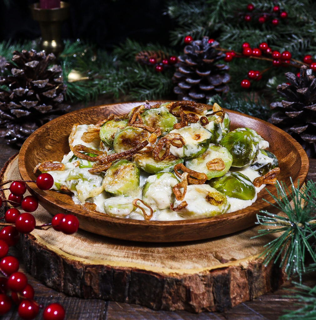 brussels sprout gratin, crispy shallots, vegetable christmas side dishes
