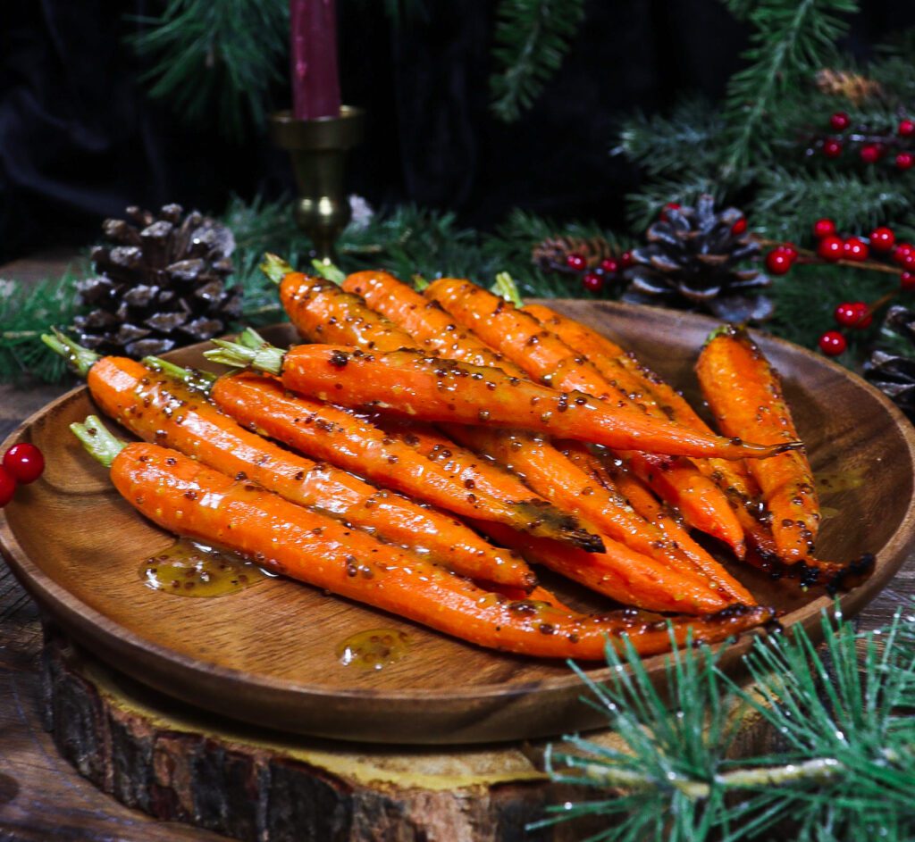 maple dijon roasted carrots, winter solstice menu, winter vegetable side dish