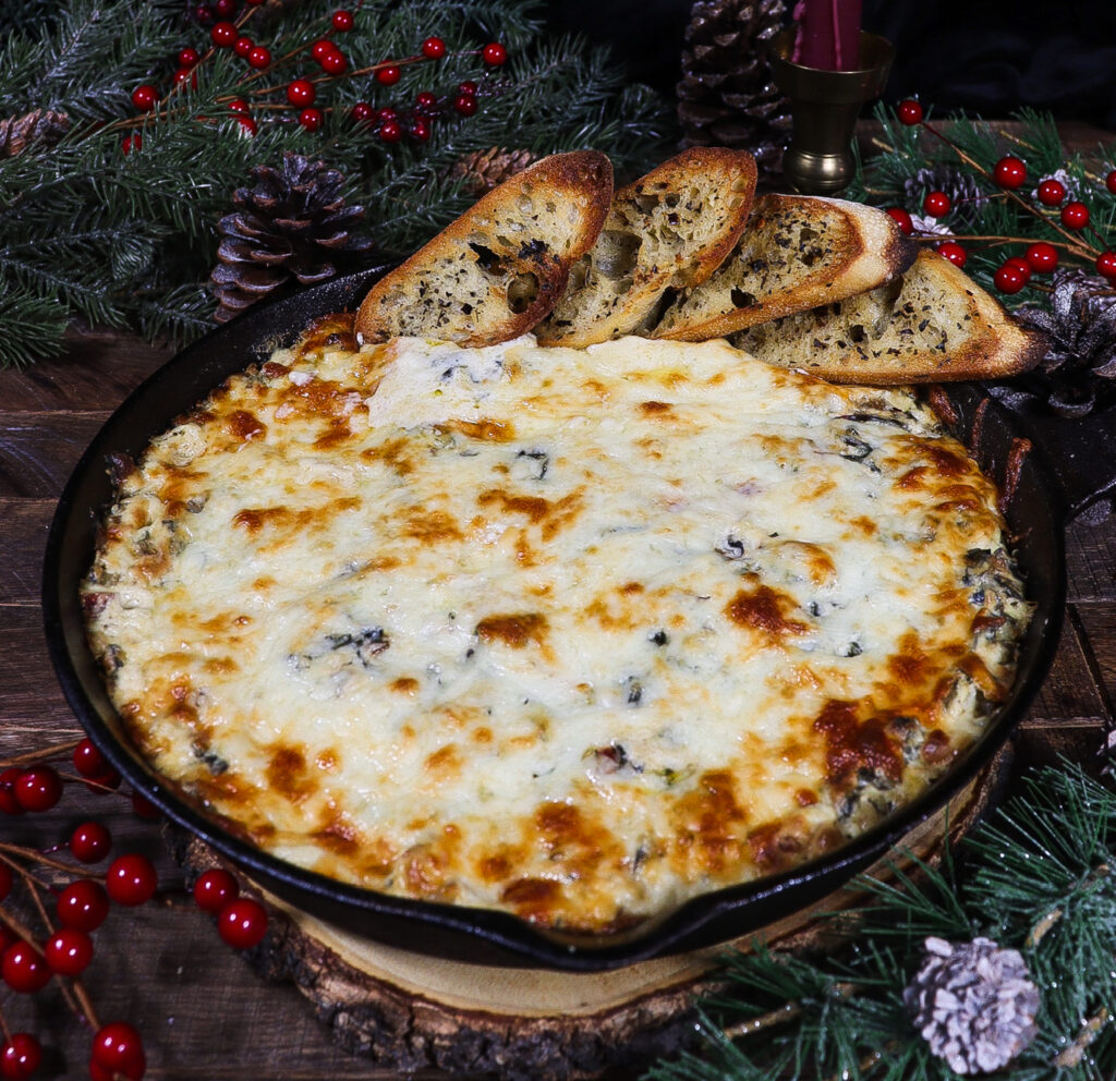 sausage and swiss chard dip, hot cheese dip, yule feast menu
