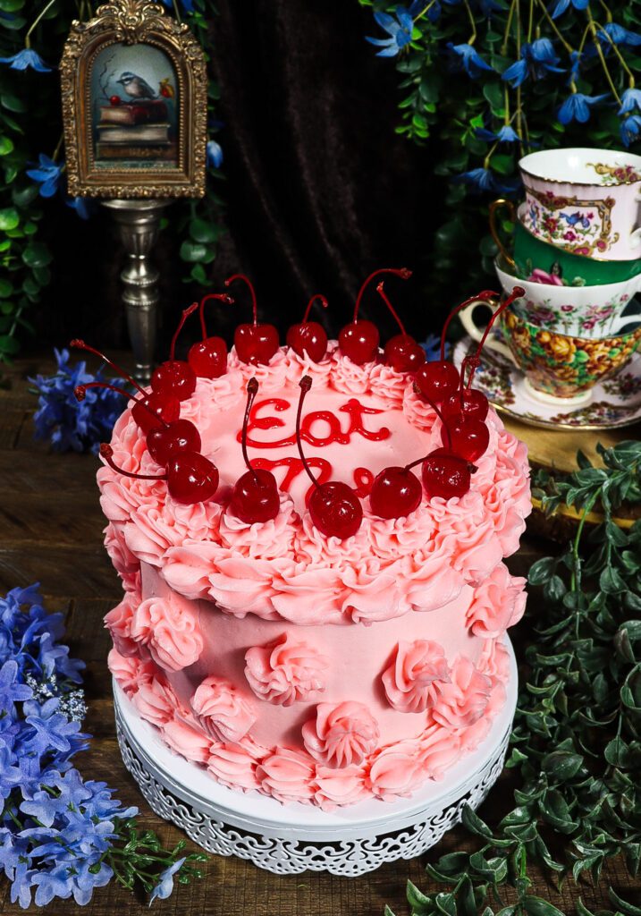 alice in wonderland cake, cherry almond cake