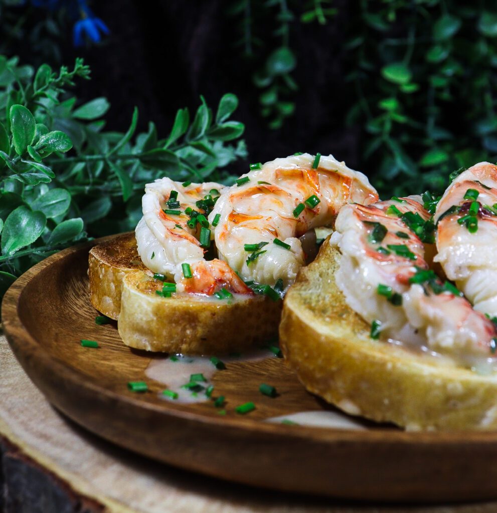 butter poached lobster on toast, butter poached lobster tails