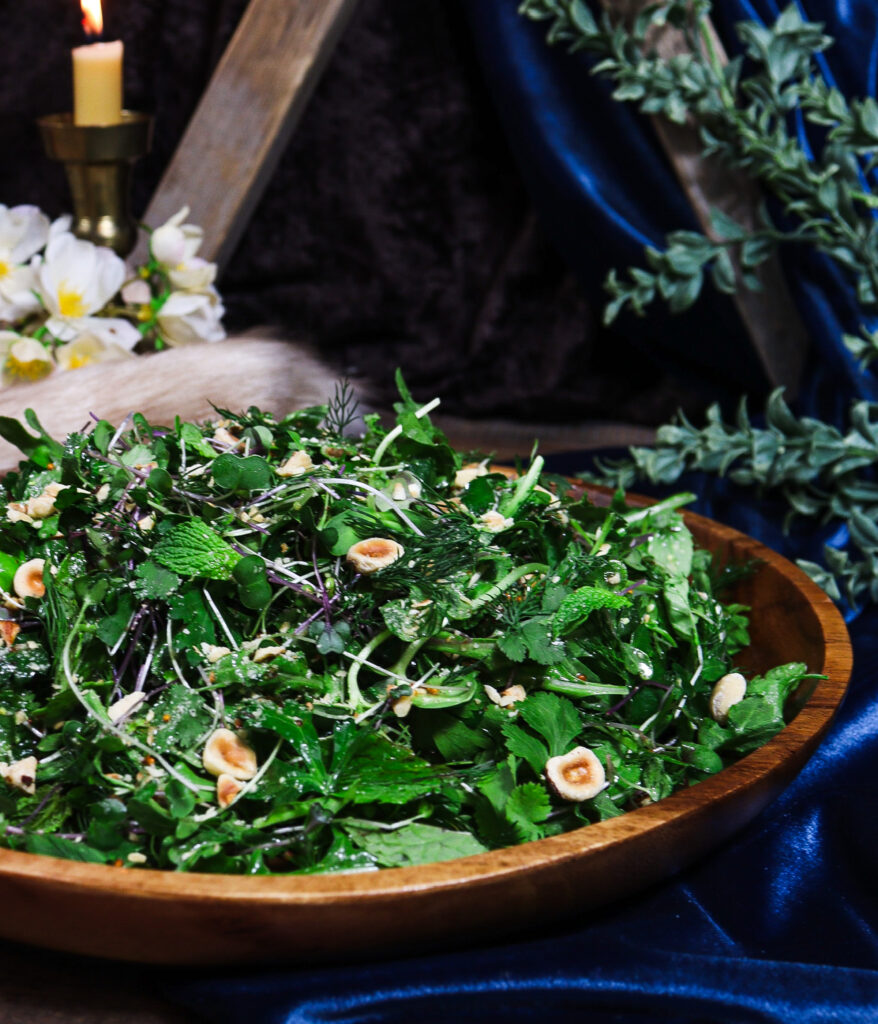 salad with fresh herbs, hazelnut oil vinaigrette, norse mythology asgard