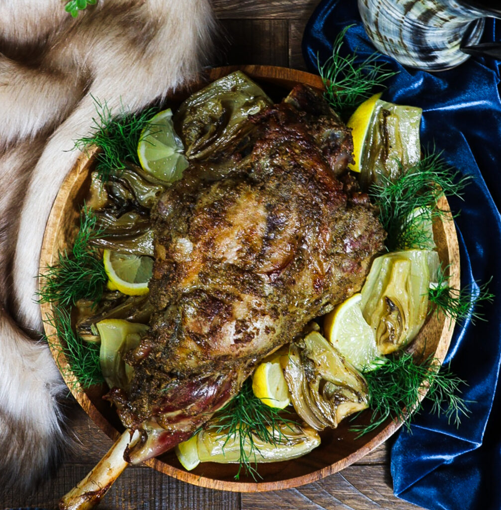 slow roasted leg lamb, lamb with mustard sauce, viking feast