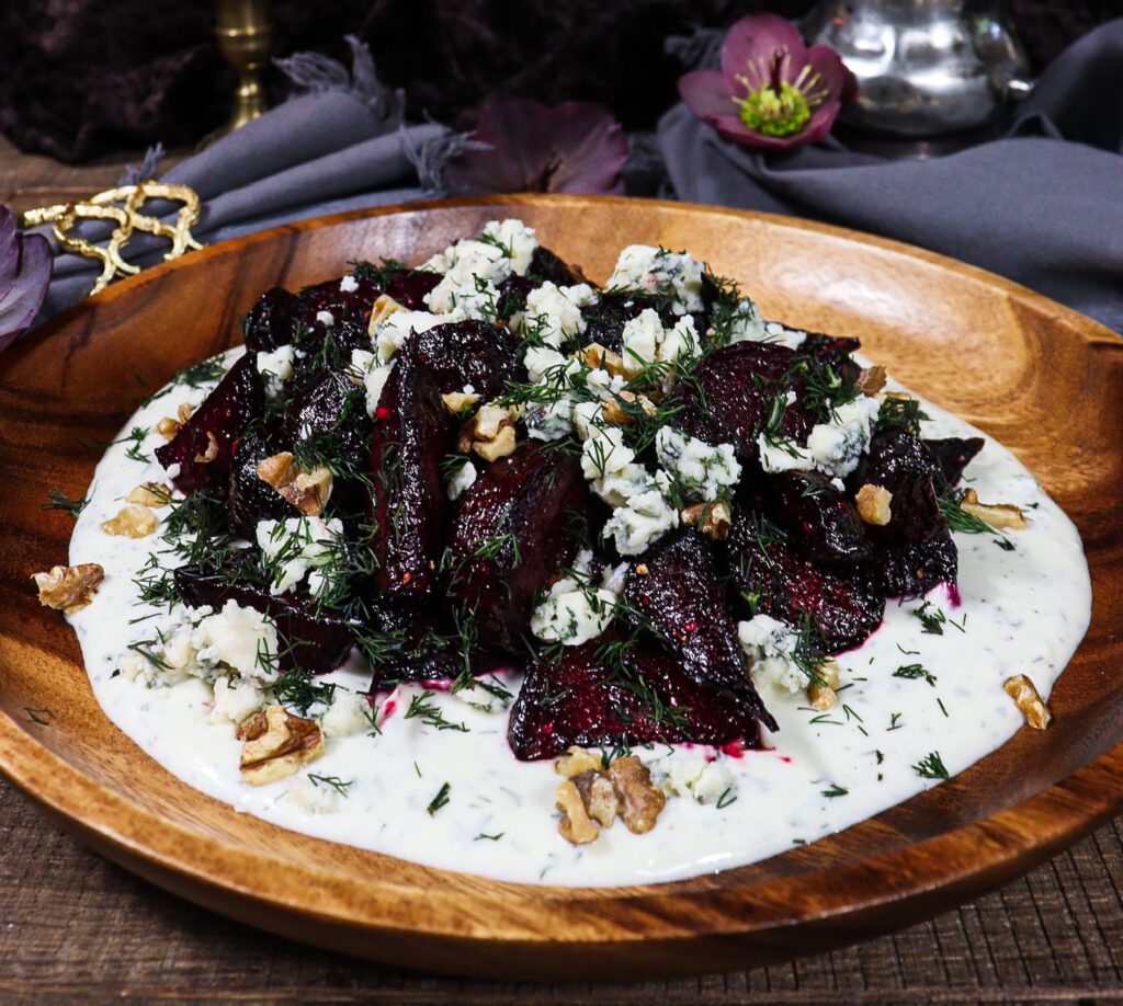 roasted beets with honey dill vinaigrette, roasted beet salad with blue cheese and walnuts, dwarven food
