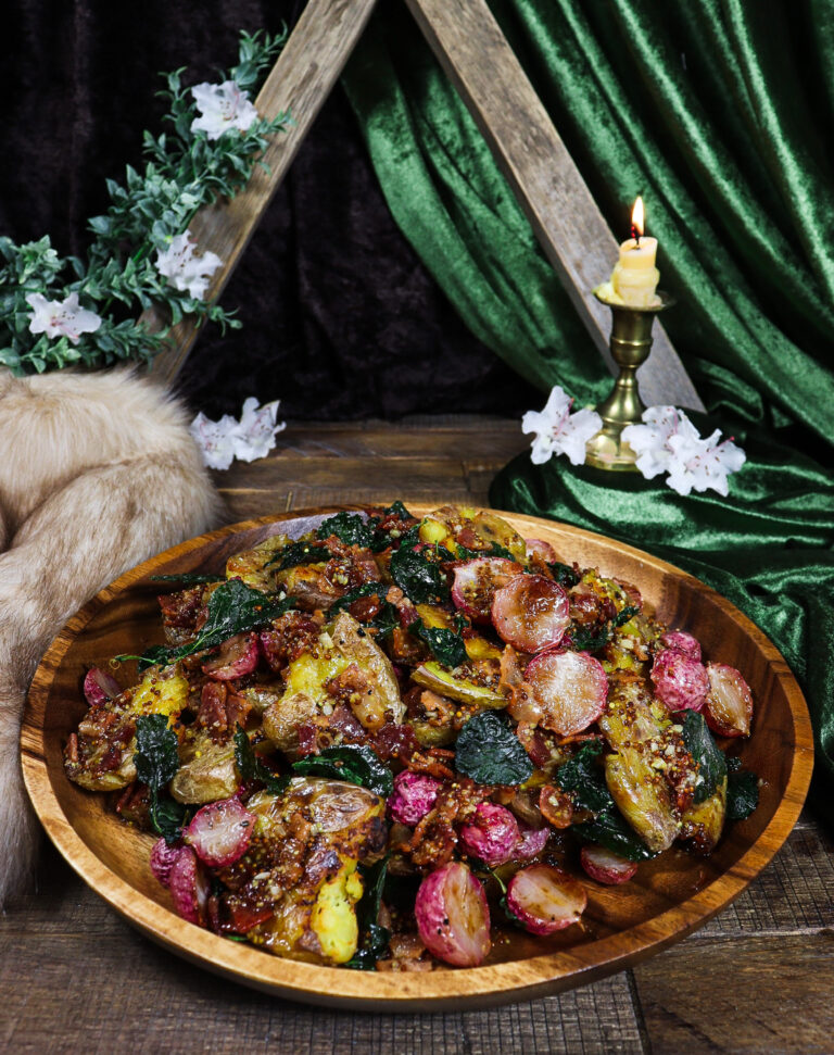 Crispy Smashed Potatoes and Radishes with Bacon Vinaigrette
