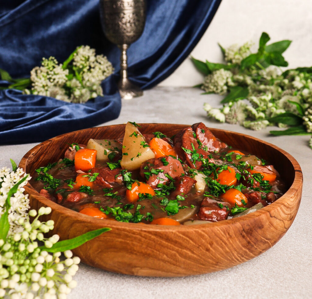 spiced lamb stew, medieval cooking, lamb stew with root vegetables