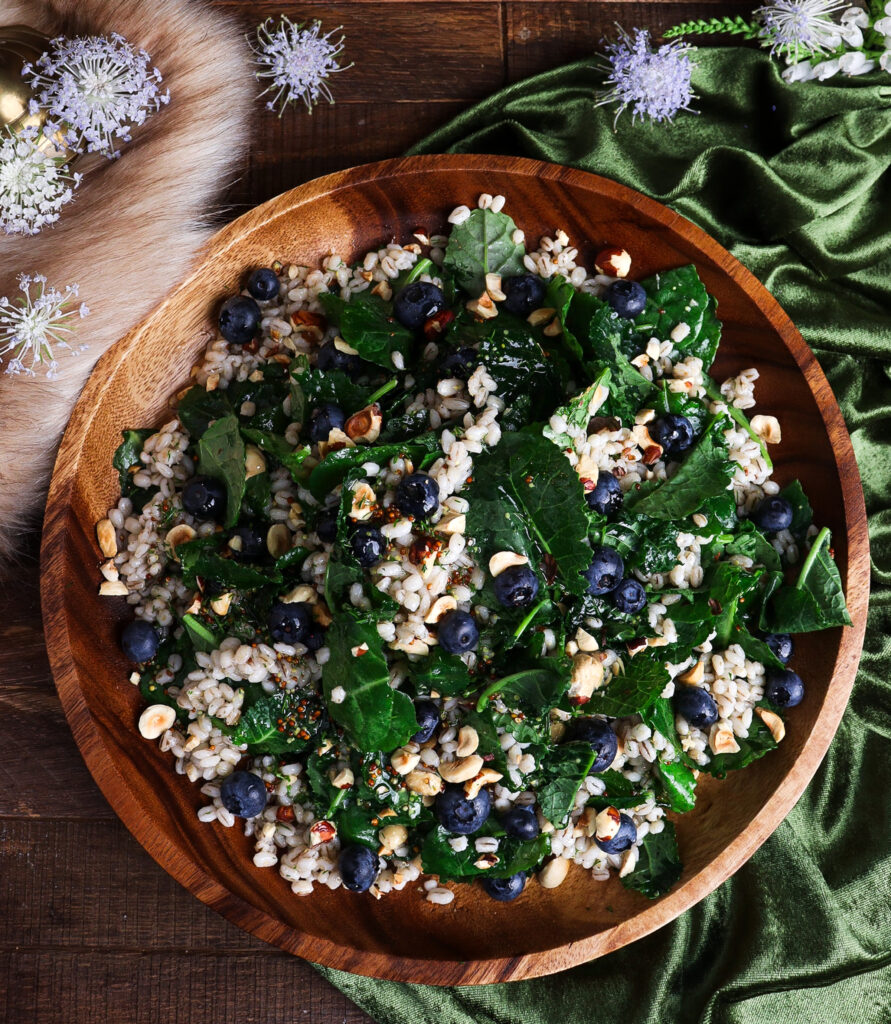 barley kale and blueberry salad, pearl barley salad, middle earth food