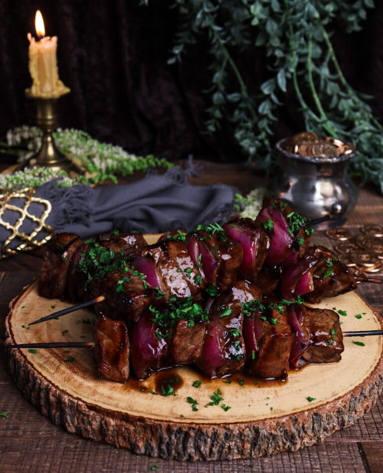 Stout Glazed Steak and Onion Skewers