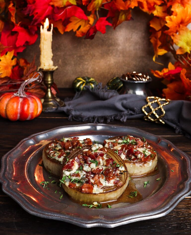Whisky Glazed Onions with Bacon and Blue Cheese