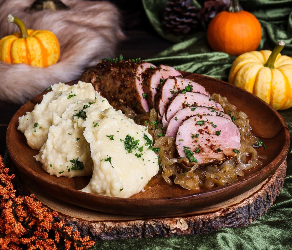 maple mustard pork tenderloin, rohan recipes, pork tenderloin with caramelized onions