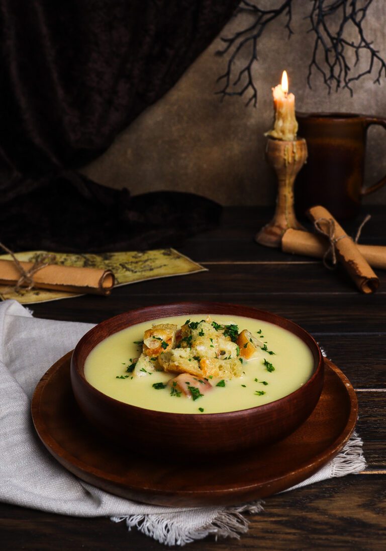 Roasted Garlic Soup with Cheesy Croutons