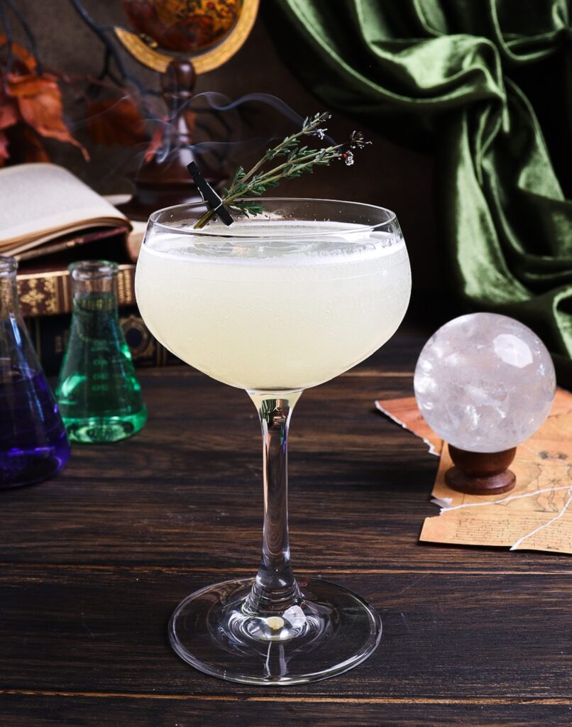 elixir of life cocktail, smoked thyme cocktail, frankenstein cocktail