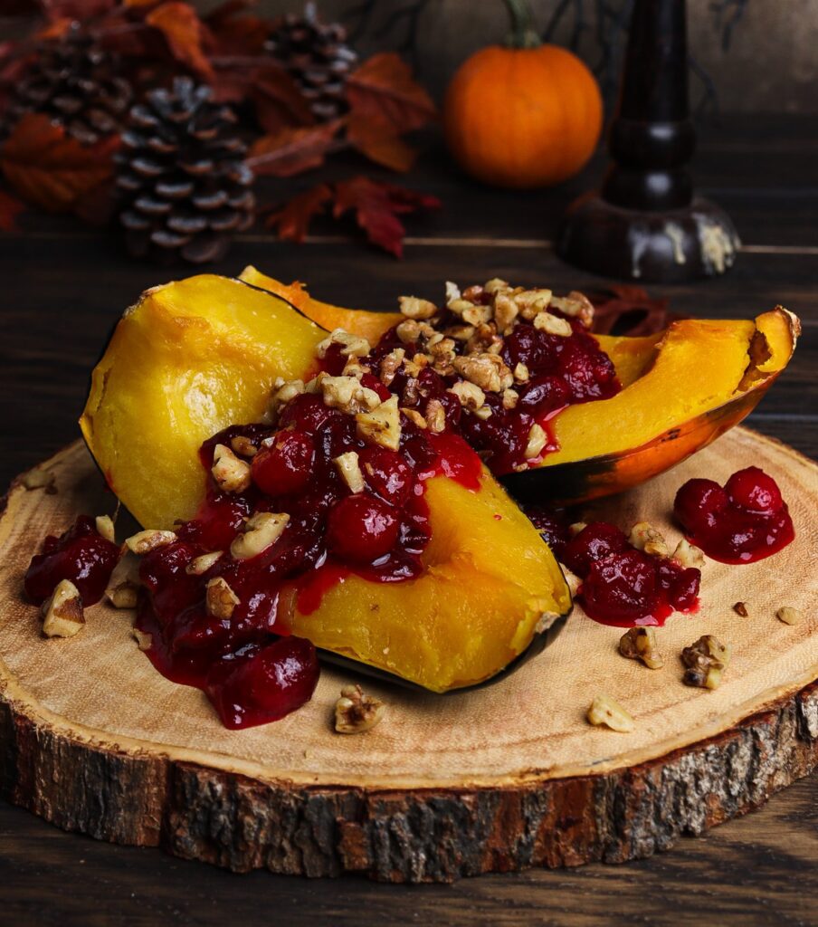 maple roasted acorn squash, frankenstein recipes, roasted acorn squash with cranberries