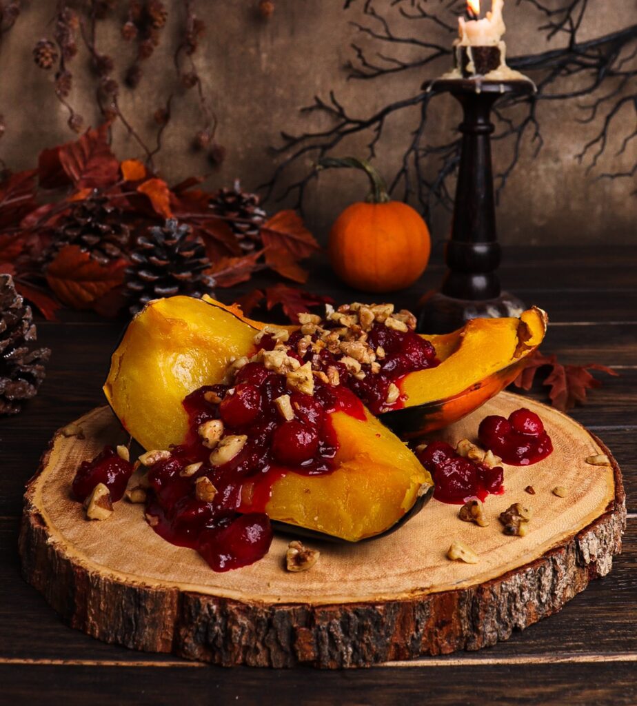 acorn squash with cranberry sauce, maple roasted acorn squash