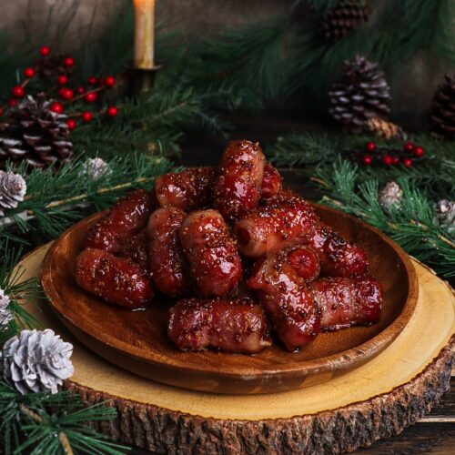 mini bacon wrapped sausages, easy christmas appetizers, holiday appetizer recipe