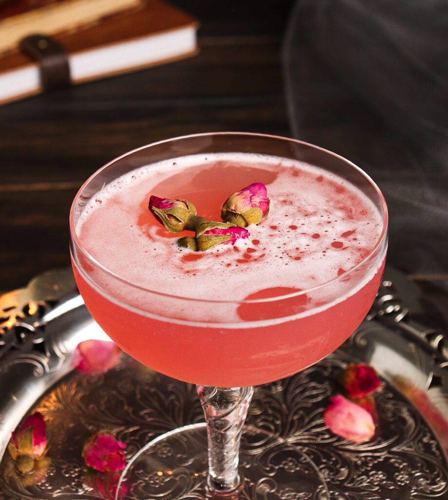 raspberry rose cocktail, valentine's day cocktail, floral cocktail