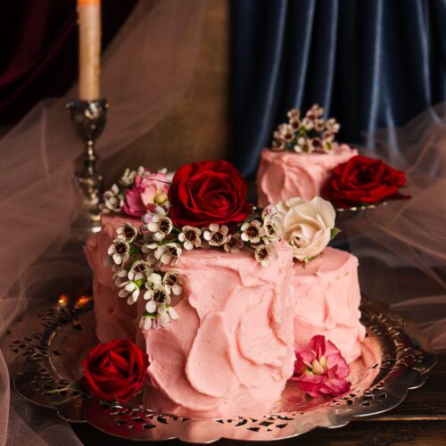 raspberry almond cake, almond cake with buttercream frosting, literary recipes