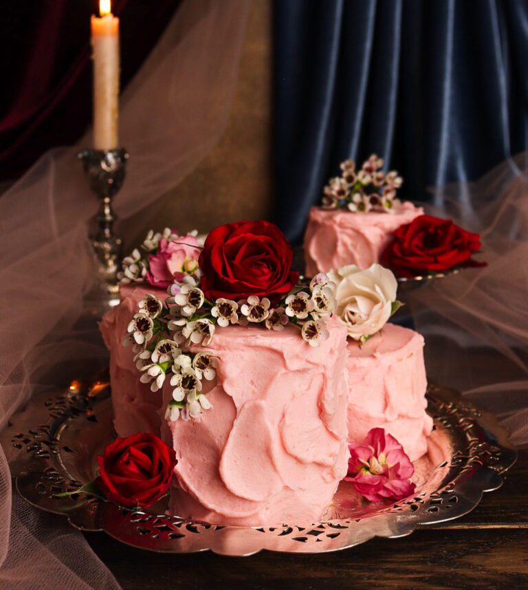 raspberry almond cake, almond cake with buttercream frosting, literary recipes