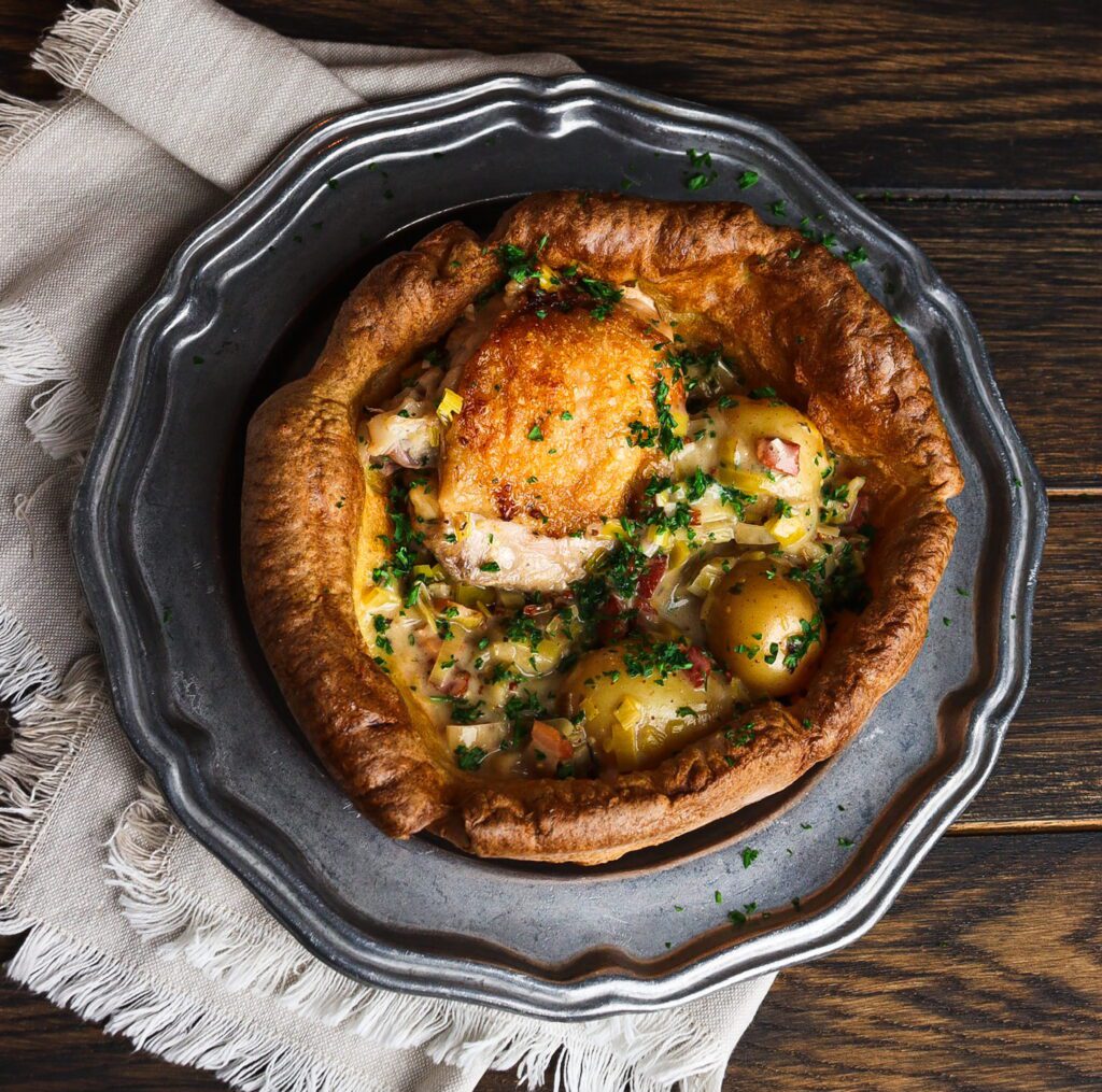 cider braised chicken with bacon and leeks, giant yorkshire pudding