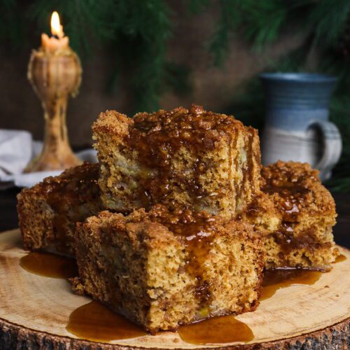 banana coffee cake, cottagecore baking recipes, coffee cake with caramel sauce