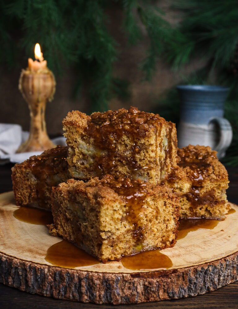 banana coffee cake, cottagecore baking recipes, coffee cake with caramel sauce