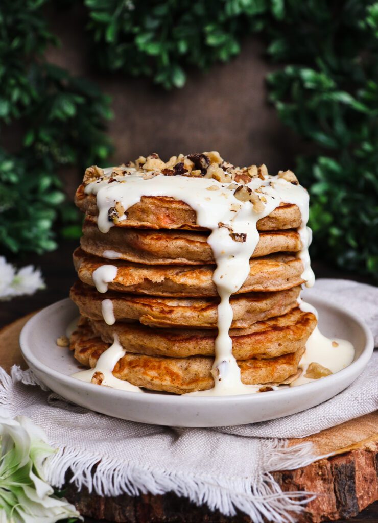 carrot cake pancakes, orange cream cheese glaze, cottagecore breakfast