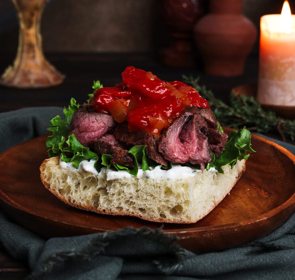 grilled lamb sandwich, cherry tomato jam